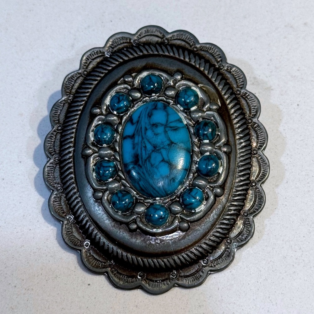 Western‎ Silver Tone Faux Turquoise Scalloped Oval Belt Buckle Southwestern Boho